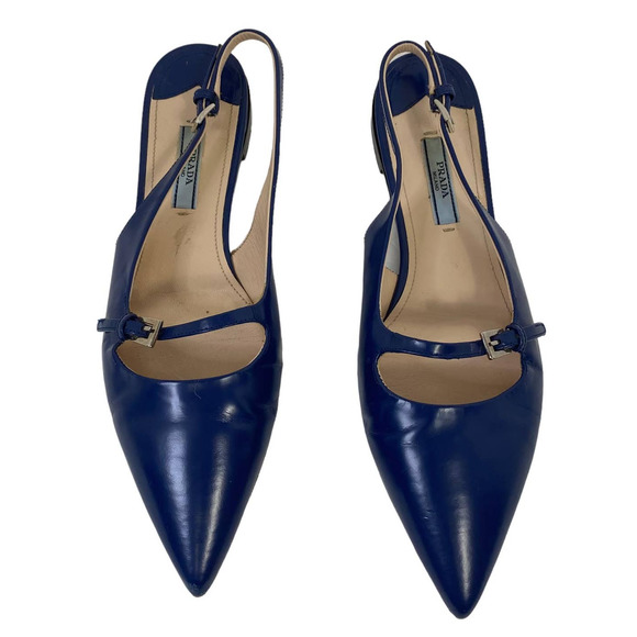 Prada Shoes - Prada Women's Slingback Pointed Toe Ankle Strap Flats Leather Sole Blue Size 7